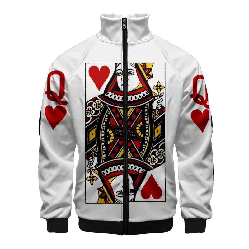Spielkarten Poker k ein Druck 3d Stand Kragen Hoodies Männer Frauen Reiß verschluss Hoodie lässig Langarm Jacke King Queen Mantel Kleidung