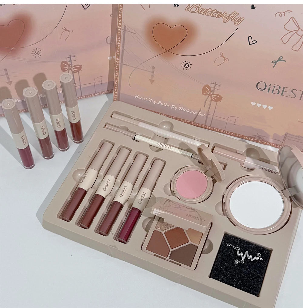 Make-up-Geschenkbox, Schmetterlingsschleife, Herz, begrenzter Lippenstift, Puder, Rouge, Lidschatten, Make-up-Geschenkbox-Set und Halsketten-Geschenke für Frauen