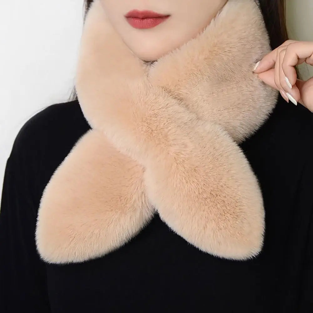 Frauen Winter Warm Verdicken Kreuz Kragen Schal Einfarbig Faux Kaninchen Fell Plüsch Elegante Schal Schals Halstuch Wrap Hals Wärmer