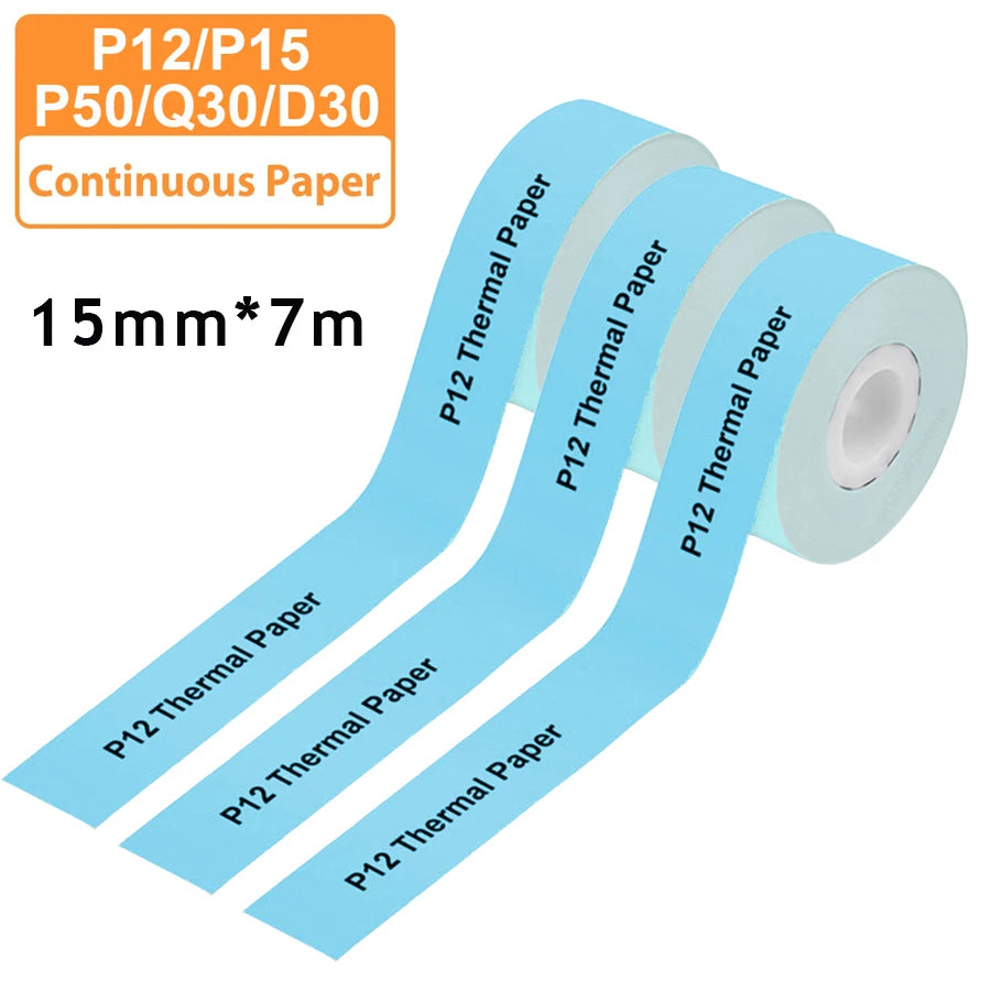 3 Stück 15 mm x 7 m kontinuierliches Etikettenpapier, passend für P12 P15 Phomemo D30 Q30 Drucker, wasserdichter, selbstklebender Thermodrucker