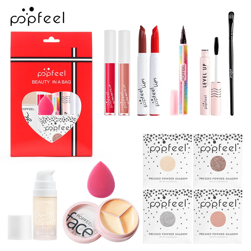 POPFEEL All-in-One-Make-up-Set, Geschenkset mit Lidschatten-Palette, Foundation, Lipgloss, Rouge, Pinsel, Eyeliner und mehr Schönheitsgeschenke