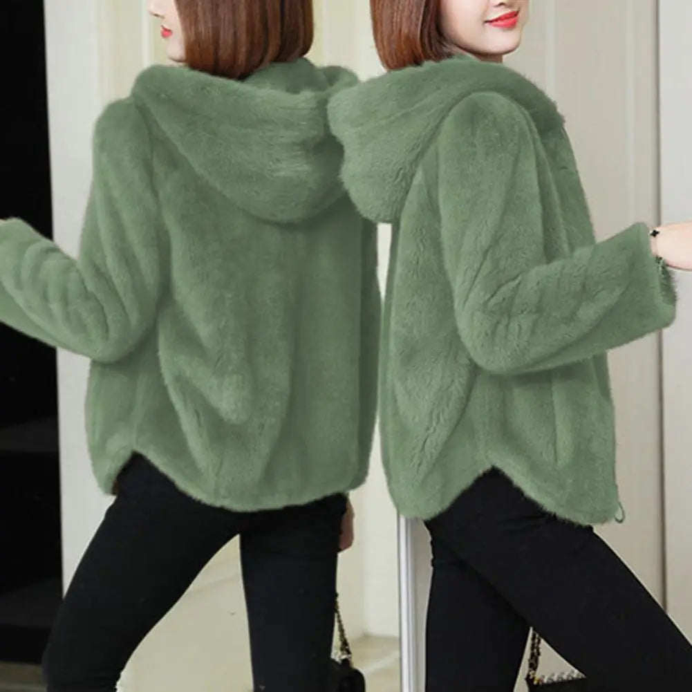 2024 koreanische Frauen Winter jacke Mantel doppelseitige dicke Pelz Plüsch Kapuze lange Ärmel Reiß verschluss Strickjacke lose Jacke Oberbekleidung