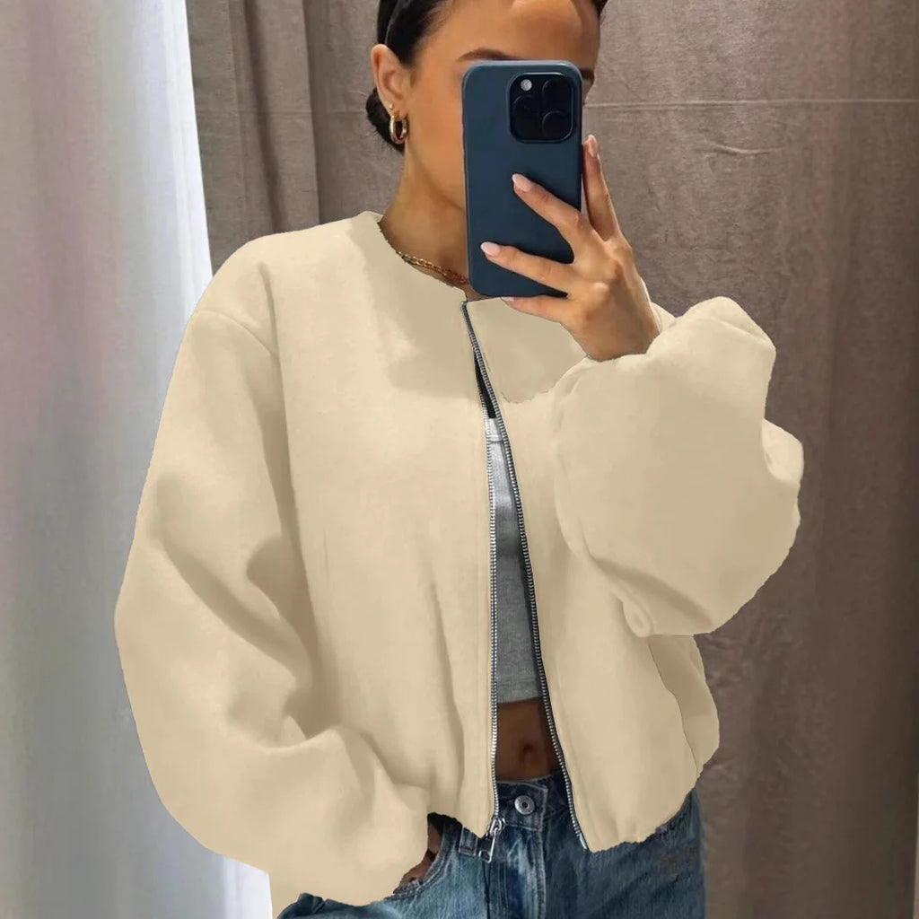 Mäntel Solide Zipper Strickjacke Frauen O Neck Jacke Langarm Gespleißt Taschen Lose Fit Herbst 2022, Casual Leichte Strech