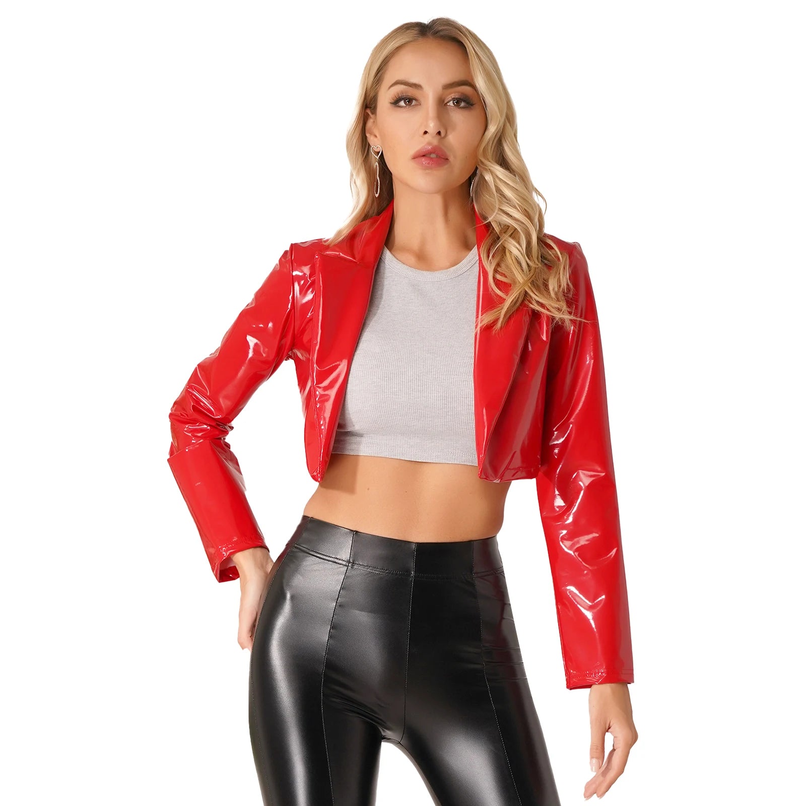 Damen-Jacke aus glänzendem Leder, Wetlook-Blazer mit Revers, kurze Jacke, Latex-Leder, langärmelig, kurzer Mantel, Rave-Party, Clubwear