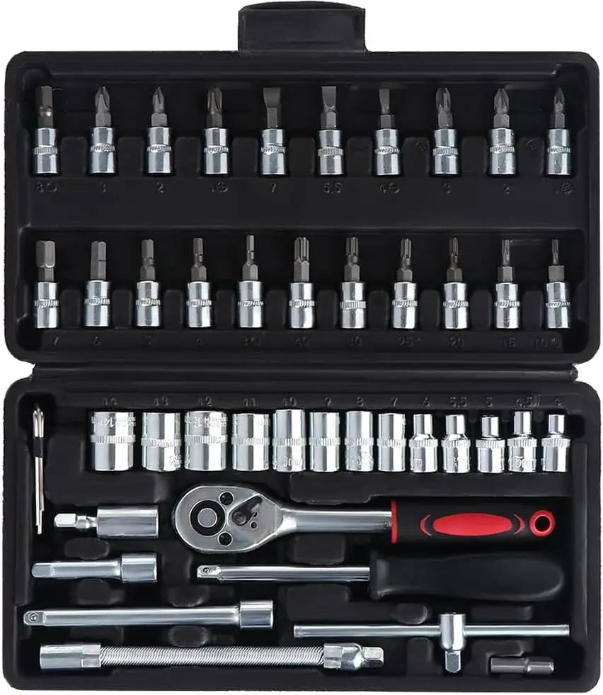 46-teiliges Ratschenschlüssel-Set mit 1/4-Zoll-Antriebsbuchse, mit metrischem Bit-Steckschlüssel-Set und Verlängerungsstange für die Autoreparatur, Fahrrad