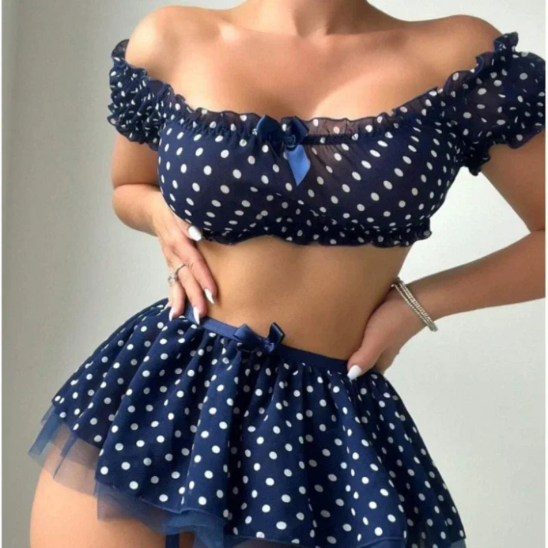 Polka Dot Schulter enthüllt Puffy Rock 3-teilige Sets Sexy Spitze Top Rock Tangas Unterwäsche Anzüge Romantische Intime Exotische Sets