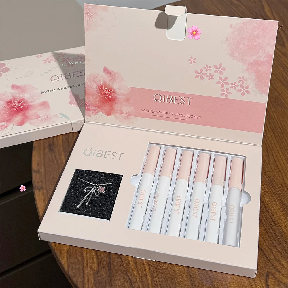 QIBEST 6 Teile/schachtel Matte Lippenstift Sets Und Spiegel Wässrige Lip Glasur Anhaltende Lip Make-Up Sets Feuchtigkeitsspendende Lipgloss Halskette Geschenk
