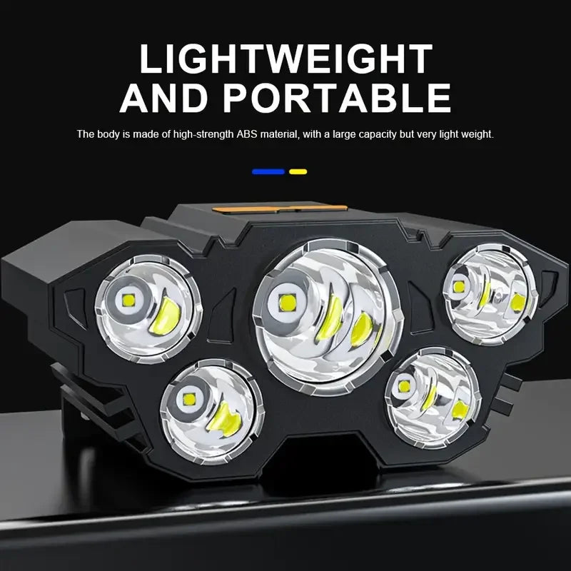 5-LED-Taschenlampe, wiederaufladbar, mit eingebauter Lithium-Batterie, starkes Kopflicht, Camping, Abenteuer, Angeln, Radfahren, Stirnlampe