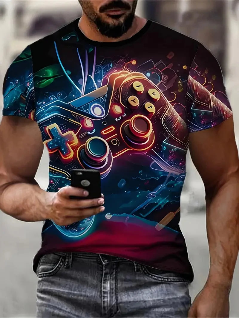 3D-Digitaldruck Herren Casual Vibrant Neon Game Controller Design T-Shirt Neu in Rundhalsausschnitt Kurzarm Gamer T-Shirt für Männer