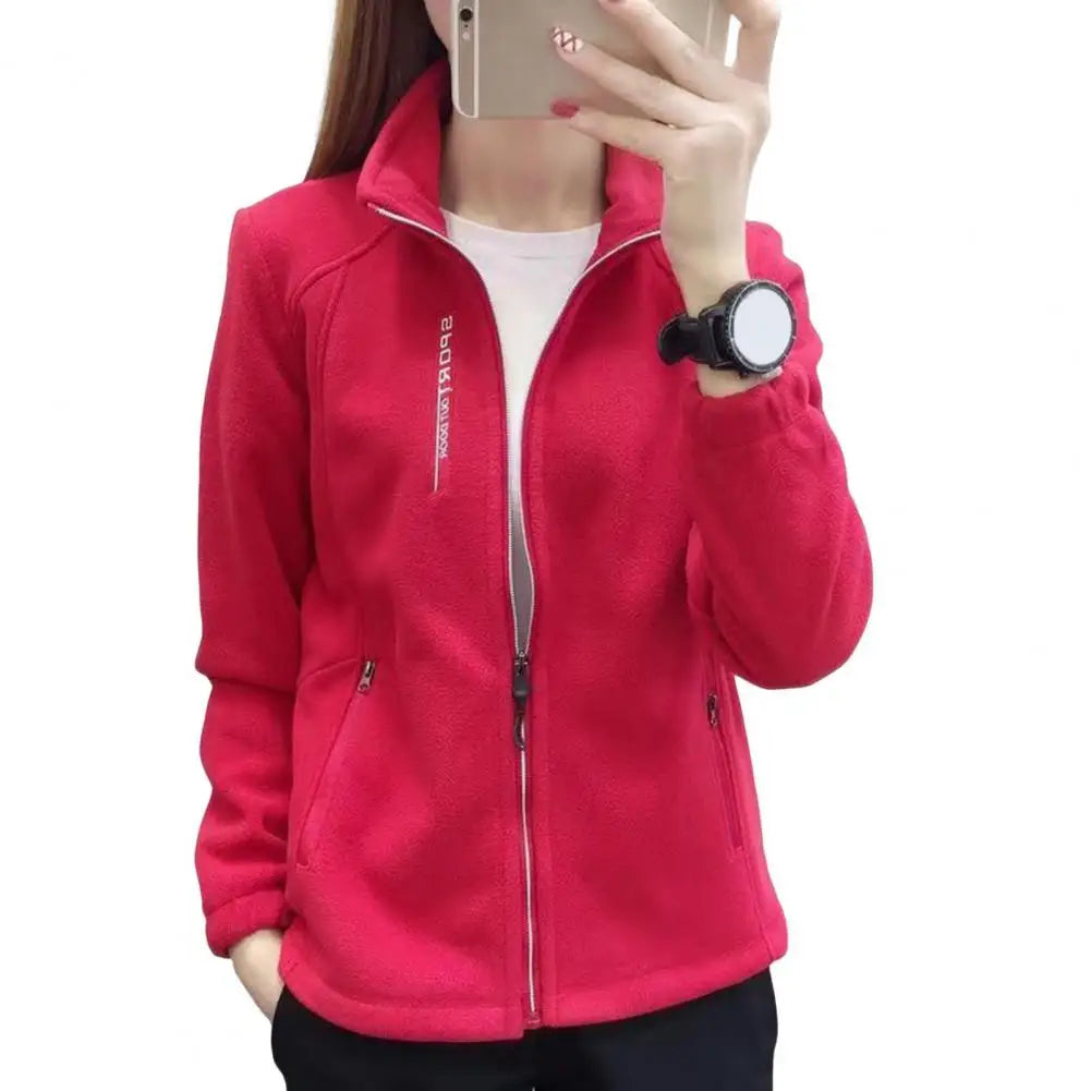 Frauen Stehkragen Mantel Dame Mädchen Zip-up Polar Fleece Sport Stil Tops Reißverschluss Taschen Solide Dicke Plüsch Thermische Strickjacke mantel