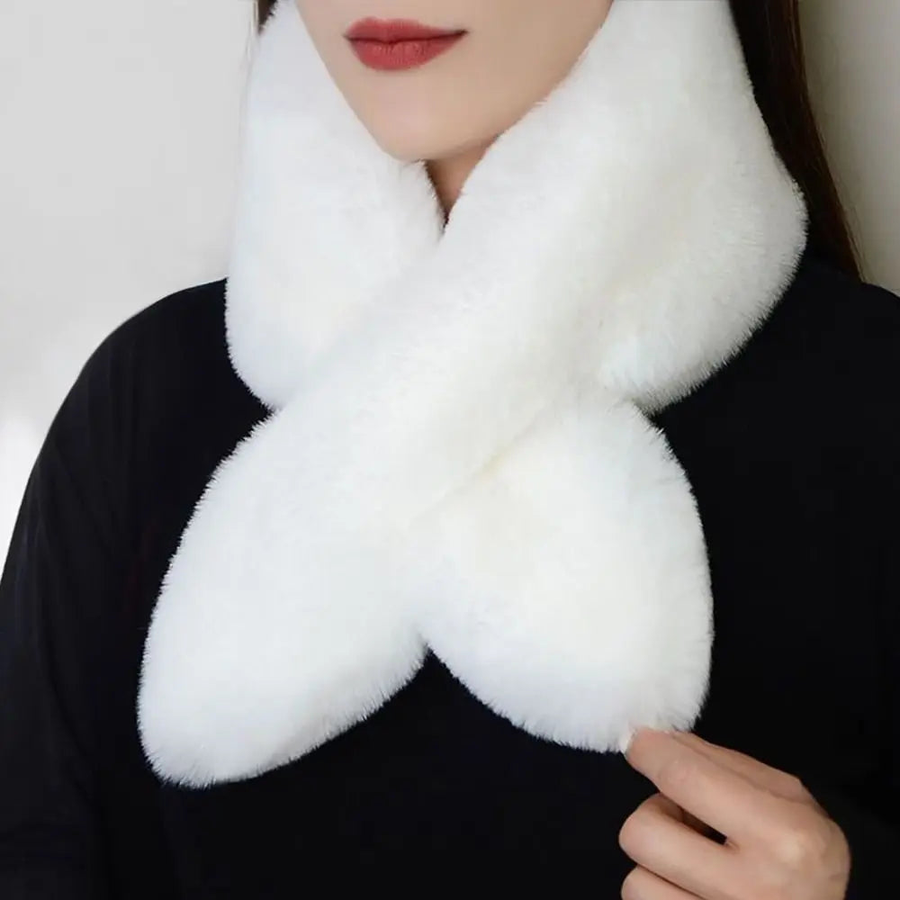 Frauen Winter Warm Verdicken Kreuz Kragen Schal Einfarbig Faux Kaninchen Fell Plüsch Elegante Schal Schals Halstuch Wrap Hals Wärmer