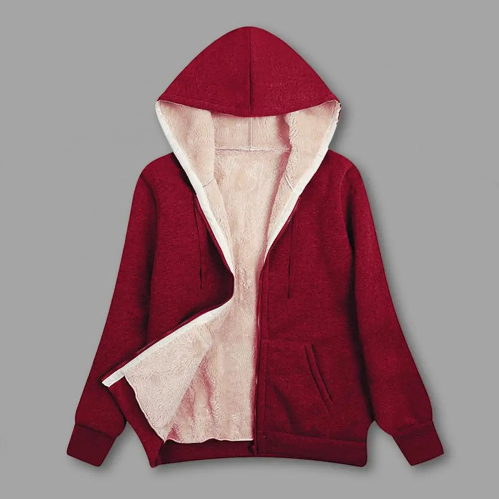 Lightweight Jacket Cozy Fleece-lined Winter Hoodie with Pockets for Women Stylish Zip-up Coat with Drawstring Hem Elastic Cuffs