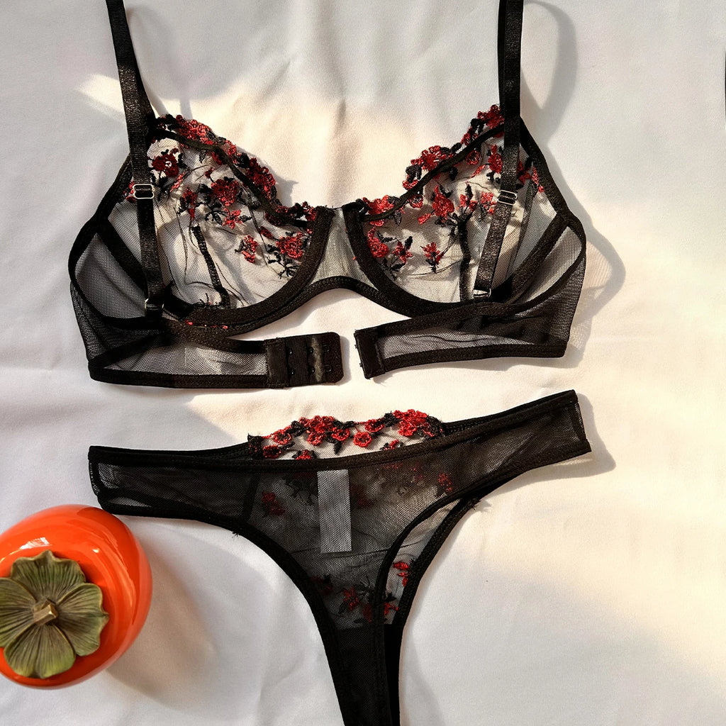 Sexy Set Damenunterwäsche, exotisches emotionales BH-Set, bestickter Druck, Büstenhalter, Dessous-Set, Damen-Set, Push-Up, dünnes Bralette