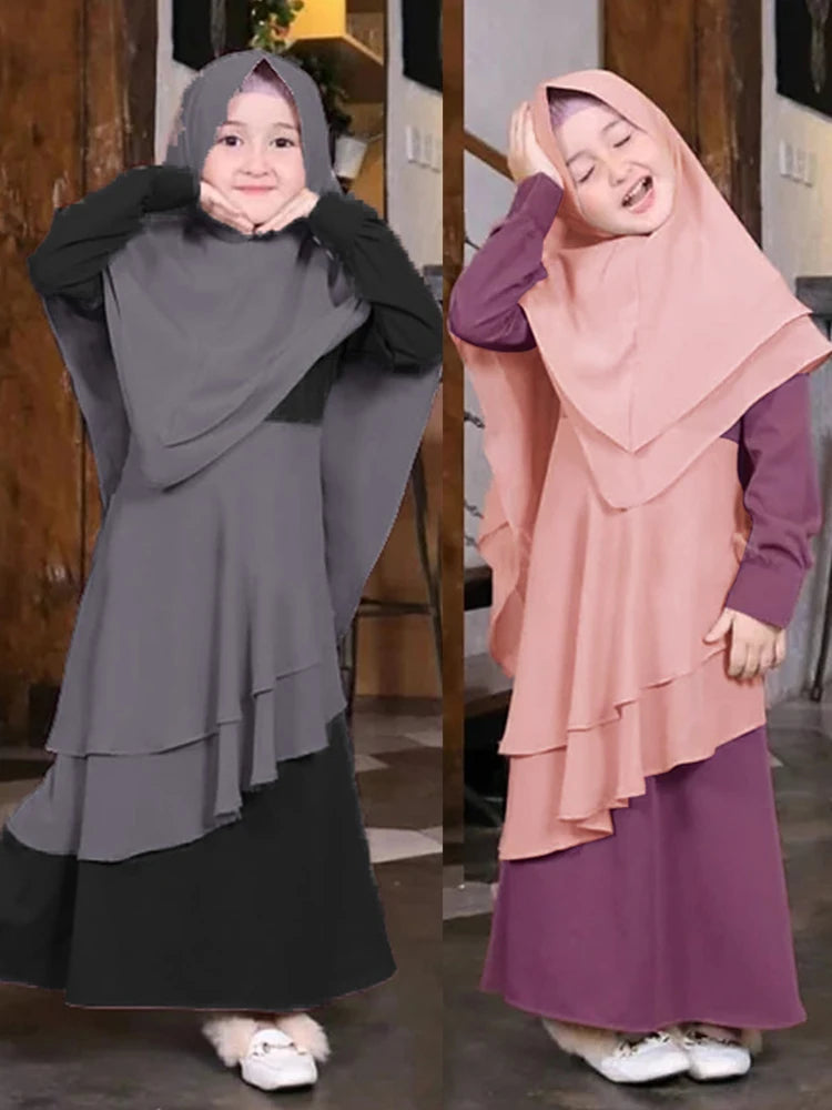 2Pcs Muslimischen Ramadan Gebet Kleid Abaya Sets Kinder Mädchen Eid Khimar Hijab Arabischen Kinder Lange Robe Kopftuch Kaftan Kleid jilbab