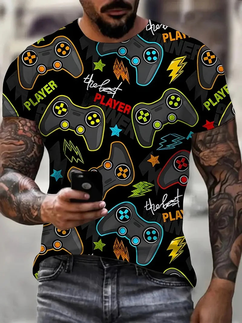 3D-Digitaldruck Herren Casual Vibrant Neon Game Controller Design T-Shirt Neu in Rundhalsausschnitt Kurzarm Gamer T-Shirt für Männer