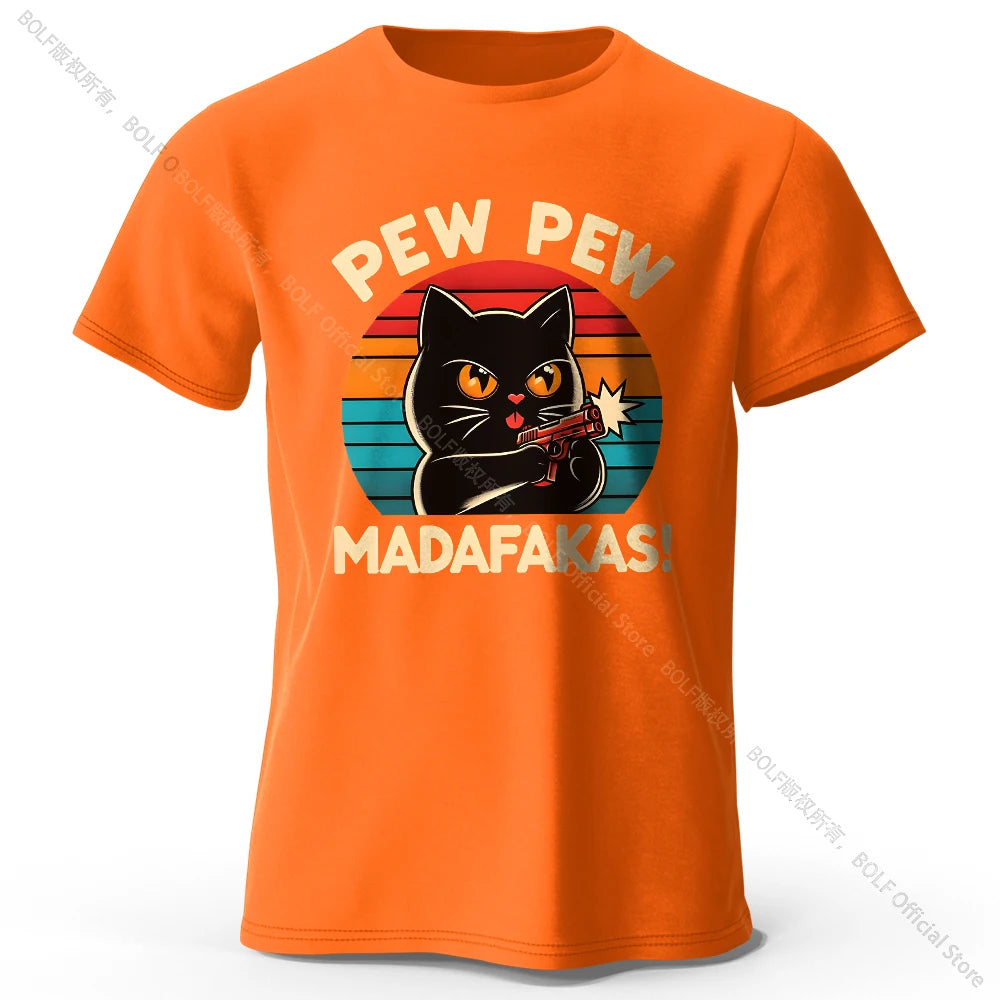 Niedliches handgezeichnetes Katzen-Doodle-Print-T-Shirt aus 100 % Baumwolle, ultraweiches Rundhals-Kurzarm-T-Shirt für Männer und Frauen