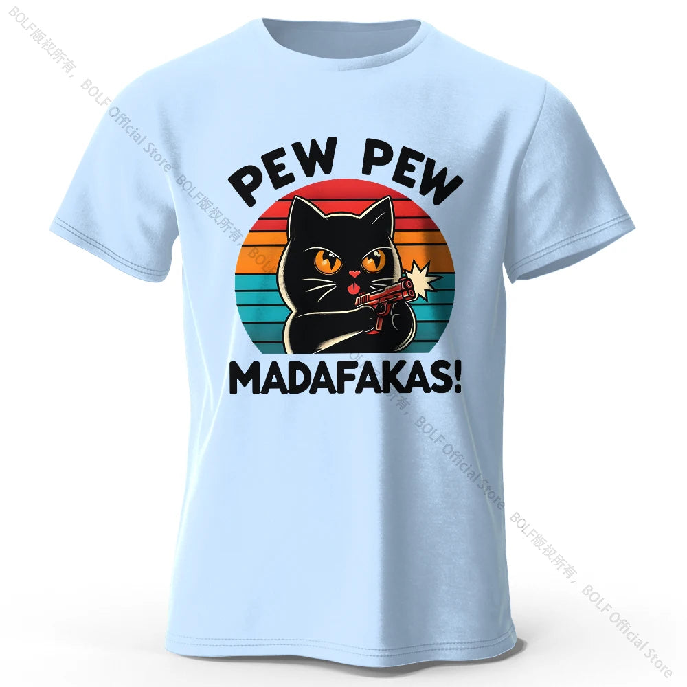 Niedliches handgezeichnetes Katzen-Doodle-Print-T-Shirt aus 100 % Baumwolle, ultraweiches Rundhals-Kurzarm-T-Shirt für Männer und Frauen