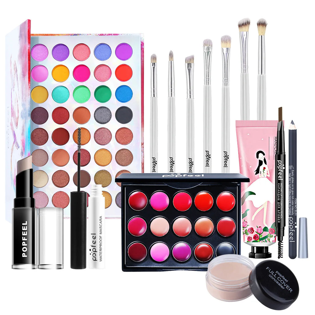 POPFEEL All-in-One-Make-up-Set, Geschenkset mit Lidschatten-Palette, Foundation, Lipgloss, Rouge, Pinsel, Eyeliner und mehr Schönheitsgeschenke