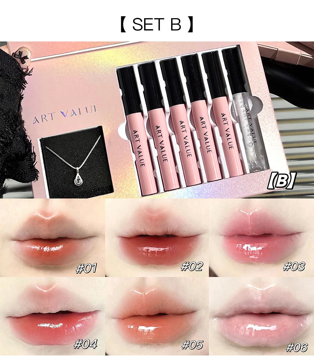 Rosa Liebesbrief Lippenschlamm Spiegelglasur Halskette Set Lippen Make-up Set mit mattem weichem Nebel und weißem Frauen Make-up Kosmetik Geschenke