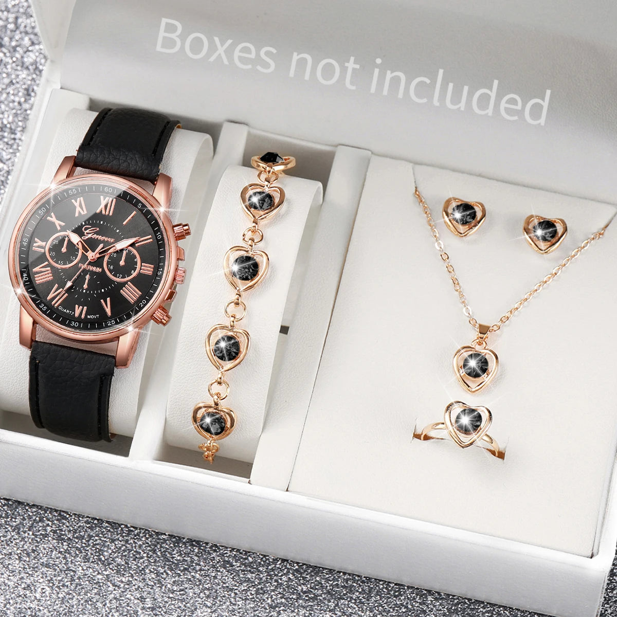 5/6PCS Mode Damen Quarzuhr Lederband Analoge Armbanduhren Herz Strass Schmuckset (Ohne Box)