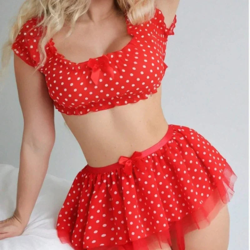 Polka Dot Schulter enthüllt Puffy Rock 3-teilige Sets Sexy Spitze Top Rock Tangas Unterwäsche Anzüge Romantische Intime Exotische Sets