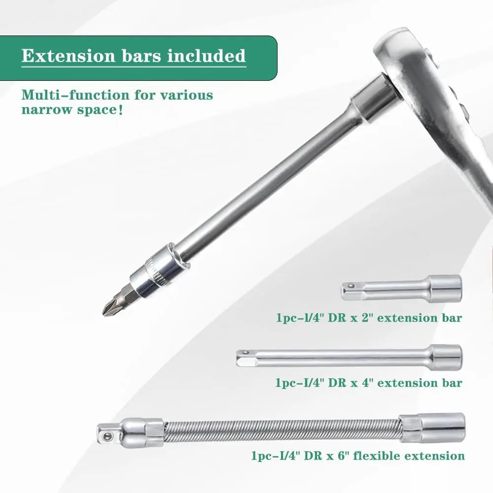 46-teiliges Ratschenschlüssel-Set mit 1/4-Zoll-Antriebsbuchse, mit metrischem Bit-Steckschlüssel-Set und Verlängerungsstange für die Autoreparatur, Fahrrad