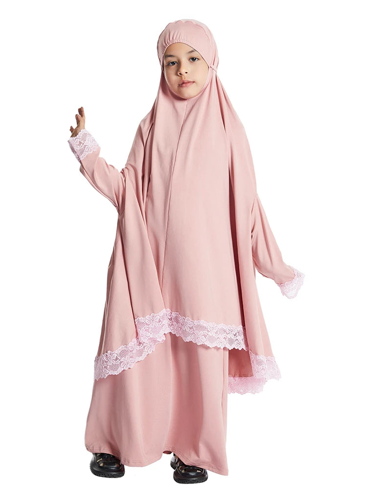 Muslimische Kinder Mädchen Hijab Kleid Ramadan Khimar Rock Set Overhead Eid Gebet Kleidungsstück Burka Abaya Robe Kaftan Kapuzenkleid
