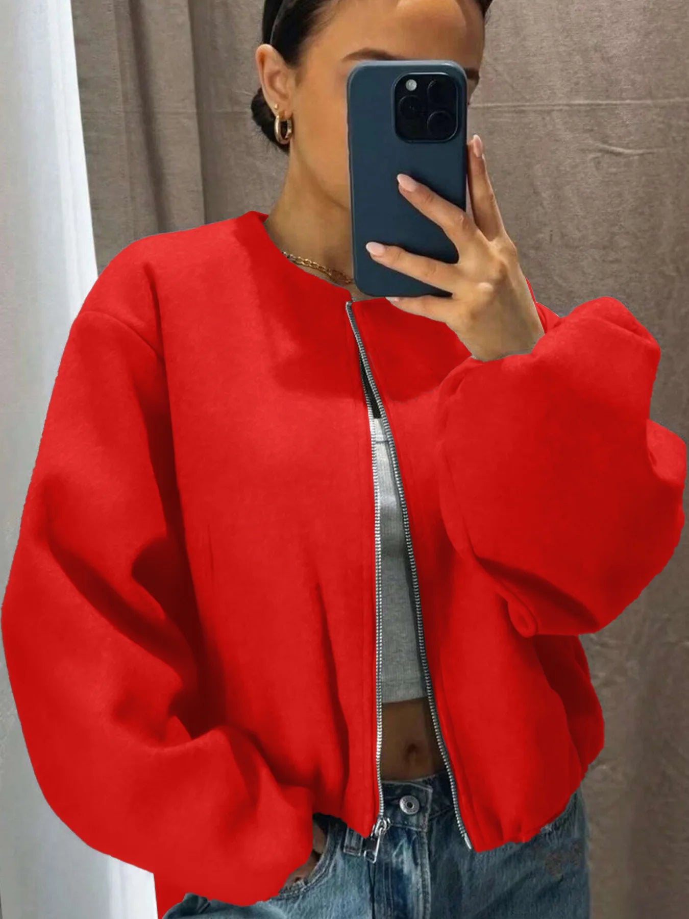 Mäntel Solide Zipper Strickjacke Frauen O Neck Jacke Langarm Gespleißt Taschen Lose Fit Herbst 2022, Casual Leichte Strech