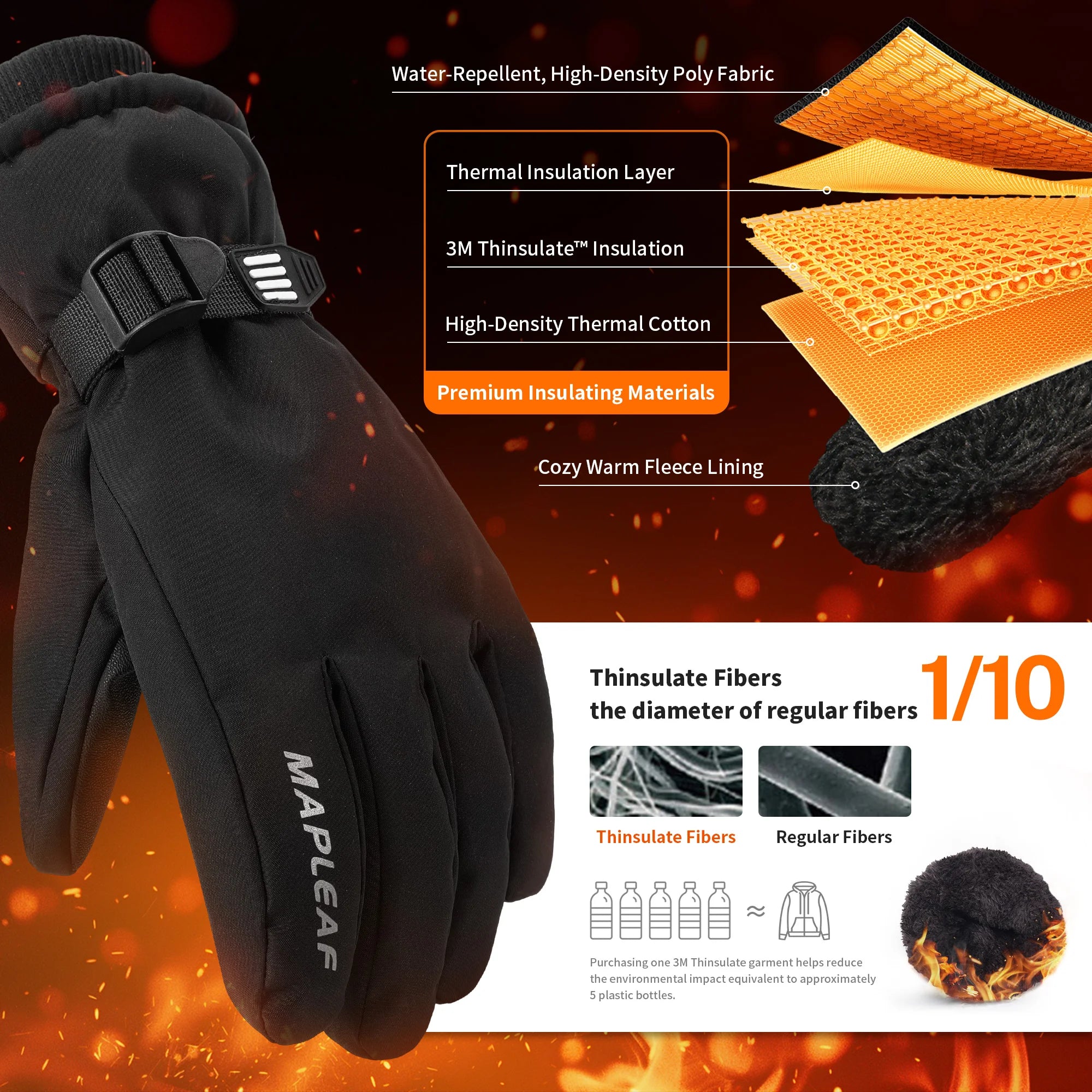 MAPLEAF Skihandschuhe Winter Wasserdicht Winddicht 3M Outdoor Snowboard Handschuhe Schneemobil Handschuhe Thermo Motorrad Radfahren Handschuhe