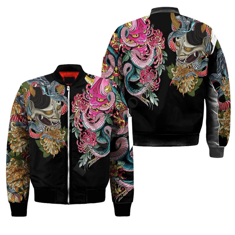 3d gedruckt neue Samurai oni Maske Tattoo Herren Bomber jacke lässig Frühling Herbst Vintage Reiß verschluss Jacke Unisex Kleidung Streetwear