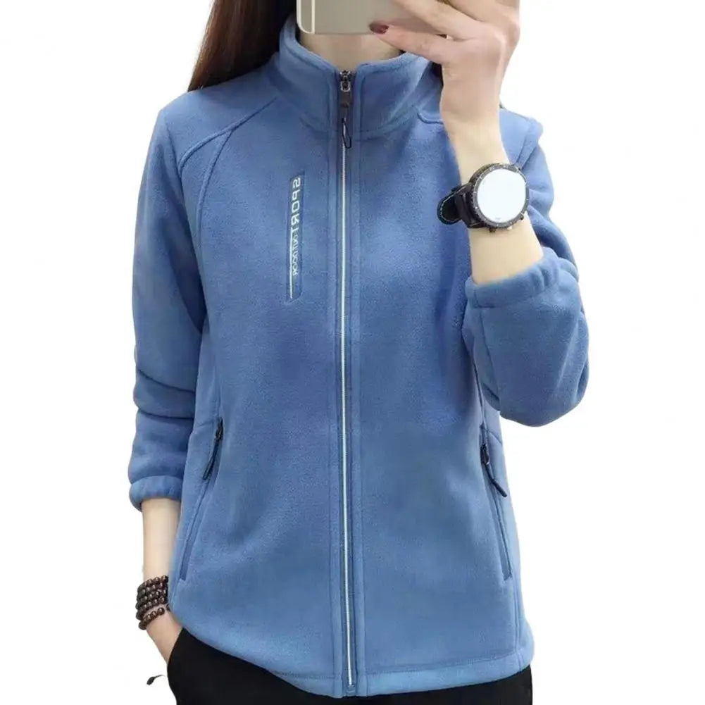 Damen-Fleecejacke, Damenmantel, warm, stilvoll, Damen-Polarfleece-Mantel mit Stehkragen, Reißverschlusstaschen für Übungen