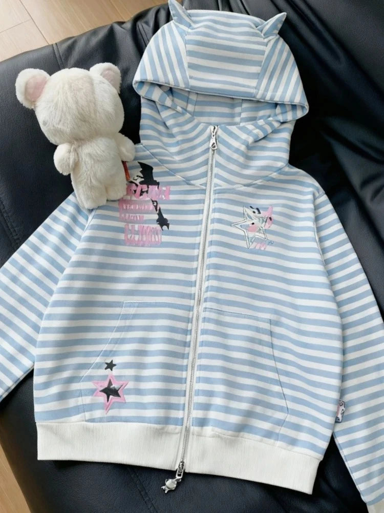 Japanische süße Mäntel Y2K Kleidung Hoodie Damen Tops Herbst und Winter Farbabstimmung Spleißen mit dicken Retro-Cardigan-Jacken