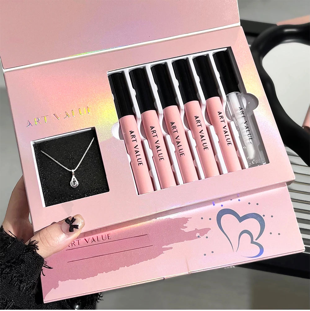 Rosa Liebesbrief Lippenschlamm Spiegelglasur Halskette Set Lippen Make-up Set mit mattem weichem Nebel und weißem Frauen Make-up Kosmetik Geschenke