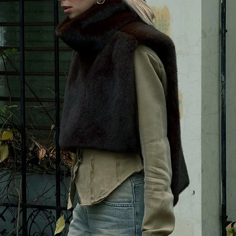 2024 Winter Neue Feste Faux Pelz Weste für Frauen Ärmellose Hohe Kragen Verdickt Warme Jacken Weibliche Straße Alle-spiel outwear