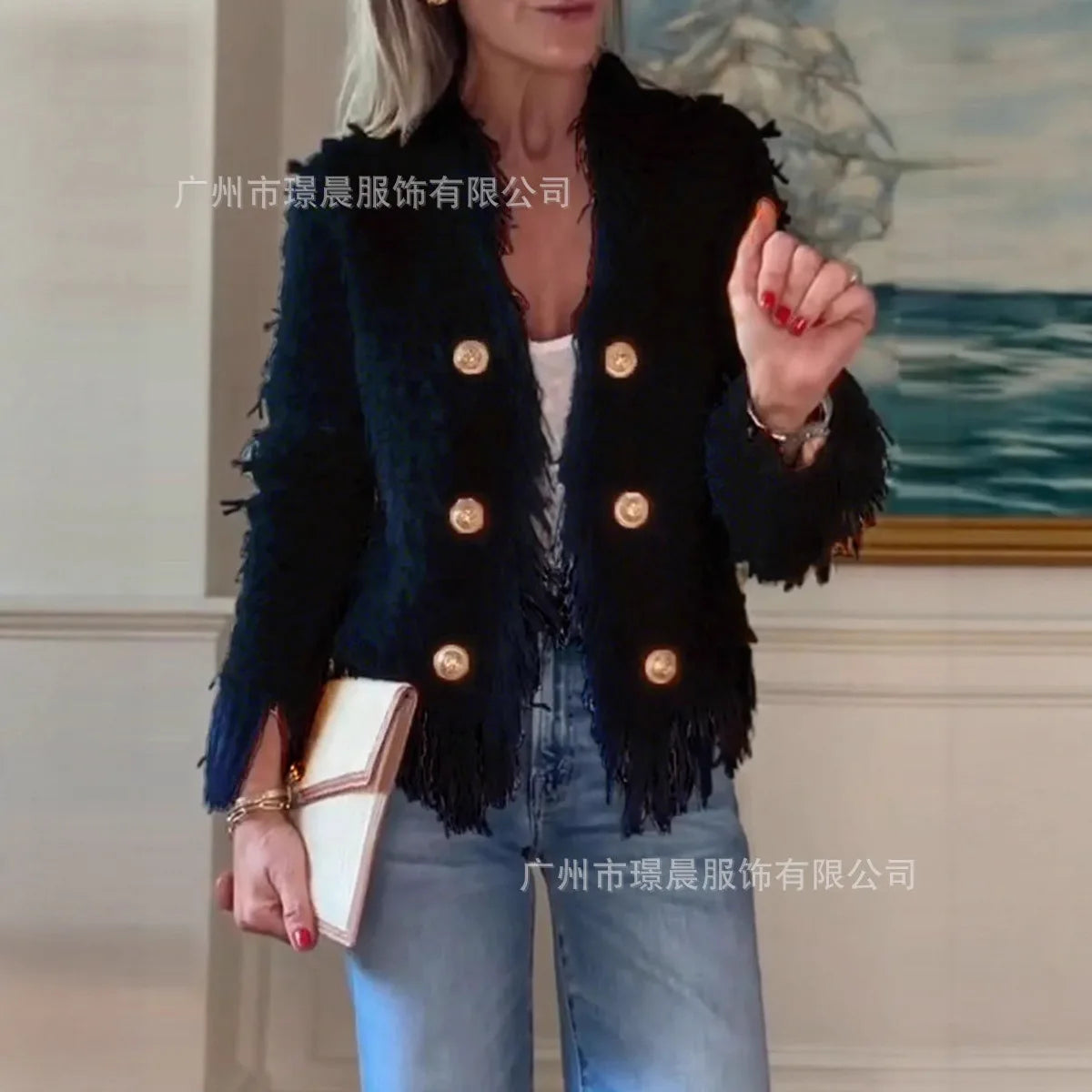 Frauen Feste Mäntel Fransen Kurze Jacke Quaste Lange Ärmel V-ausschnitt Einreiher Slim Fit Büro Dame Casual 2025, Herbst Winter