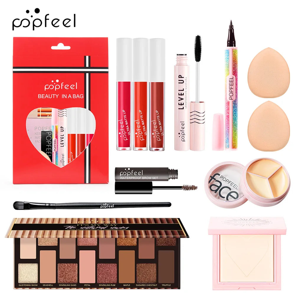 POPFEEL All-in-One-Make-up-Set, Geschenkset mit Lidschatten-Palette, Foundation, Lipgloss, Rouge, Pinsel, Eyeliner und mehr Schönheitsgeschenke