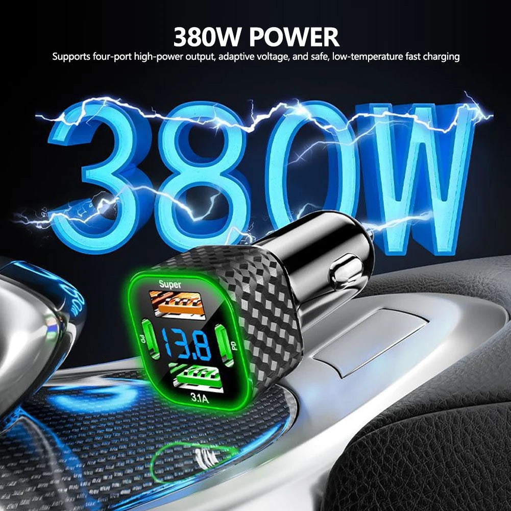 4-in-1-Autotelefon-Ladegerät USB C Dual PD mit Spannungsanzeige 380 W Superschnellladeadapter für iPhone Xiaomi Oppo Vivo Samsung