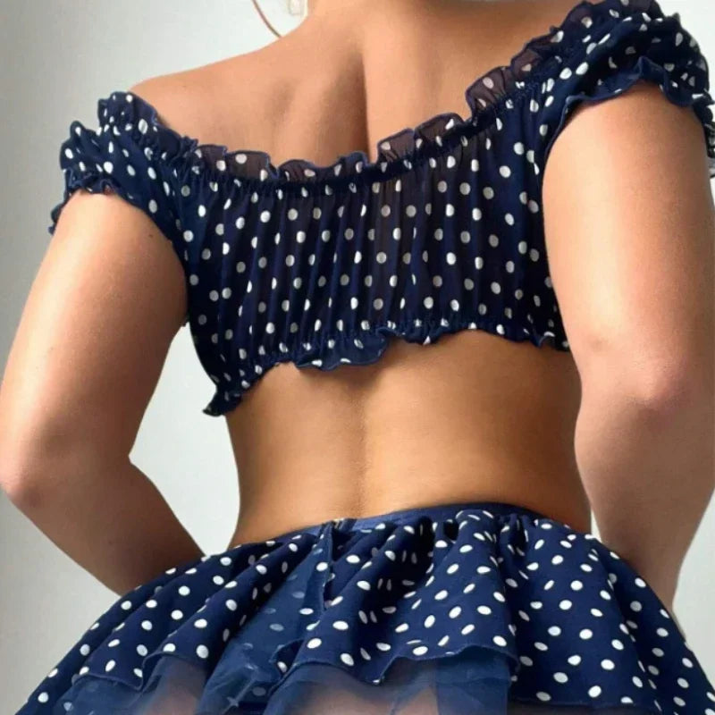 Polka Dot Schulter enthüllt Puffy Rock 3-teilige Sets Sexy Spitze Top Rock Tangas Unterwäsche Anzüge Romantische Intime Exotische Sets