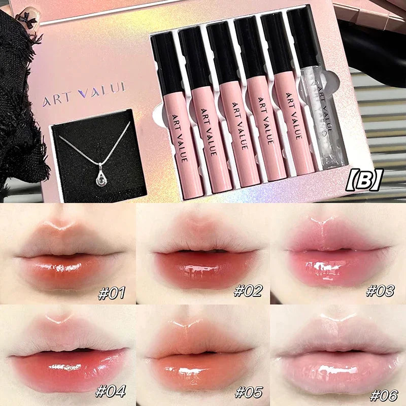 Rosa Liebesbrief Lippenschlamm Spiegelglasur Halskette Set Lippen Make-up Set mit mattem weichem Nebel und weißem Frauen Make-up Kosmetik Geschenke