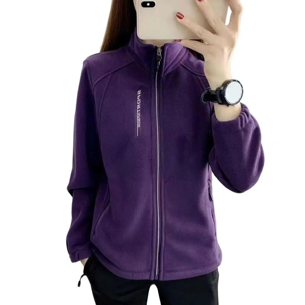 Frauen Stehkragen Mantel Dame Mädchen Zip-up Polar Fleece Sport Stil Tops Reißverschluss Taschen Solide Dicke Plüsch Thermische Strickjacke mantel