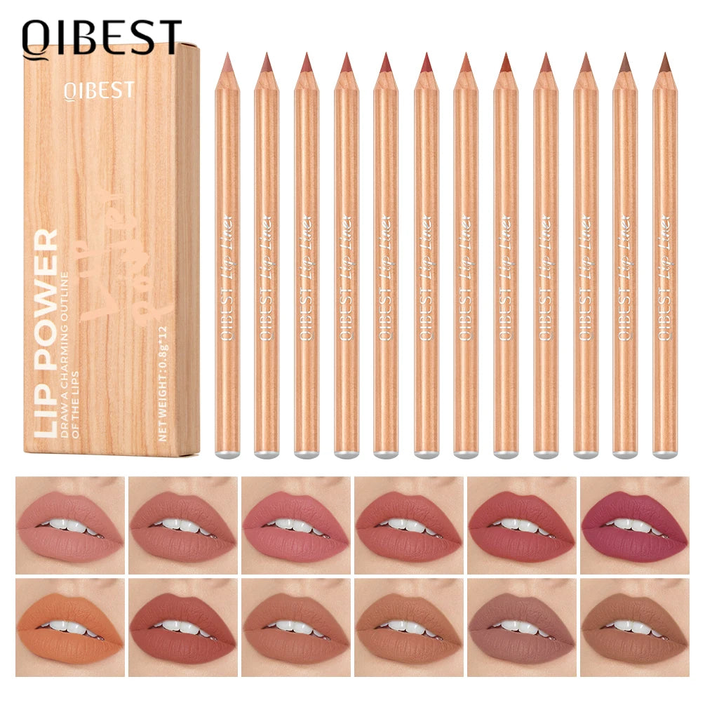 QIBEST 12 Teile/satz Matte Lip Liner Bleistift Lip Umriss Konturierung Dauerhafte Lippenstift Hohe Pigment Nicht Einfach Verblassen Samt Feine Lipliner